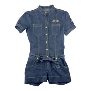 Denim Romper Tie Waist Dark‎ Blue Jumpsuit Romper SS Mecca Femme 7/8 Y2k Utility